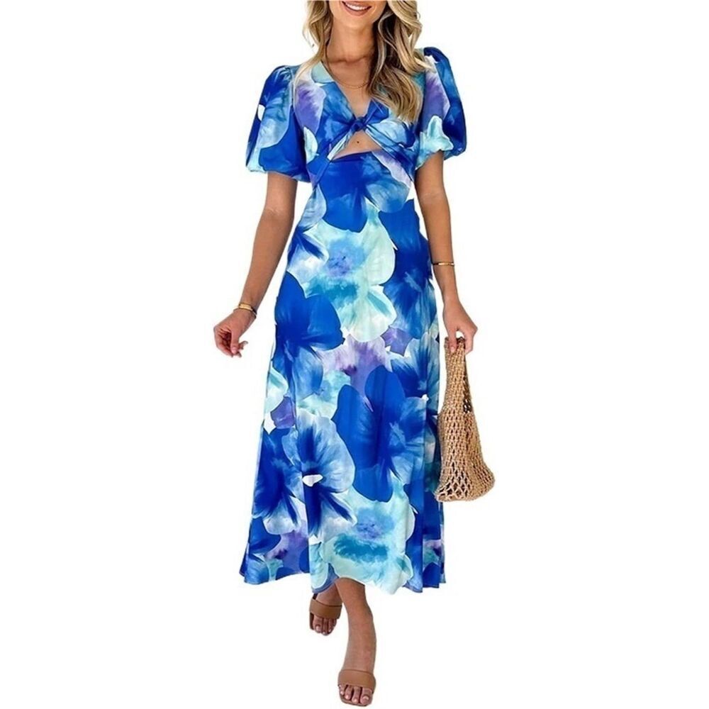 Women's Summer Dress Short Sleeve Floral Print V Neck Twist A-line Dress​